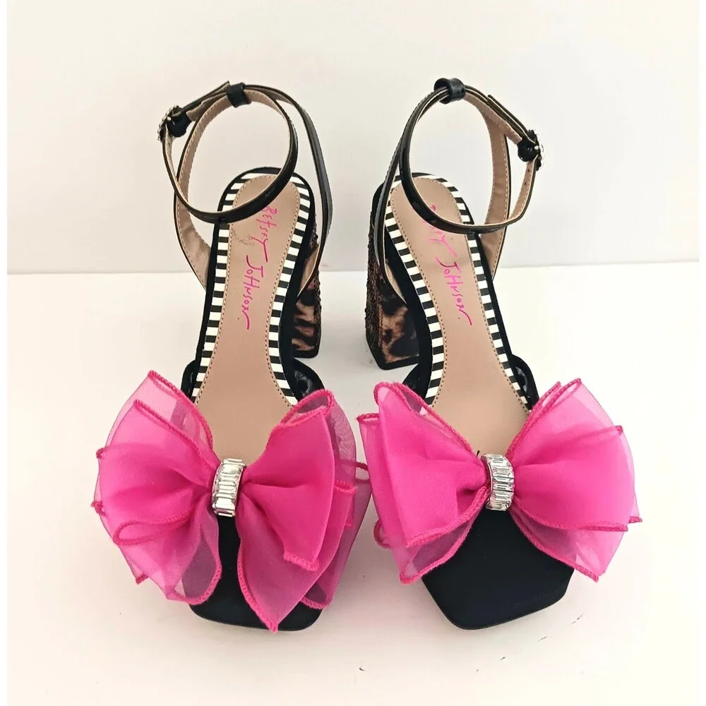 NEW Betsey Johnson Palloma Platform Sandal Bead Leopard Heel Pink Tulle Bow Sz 6